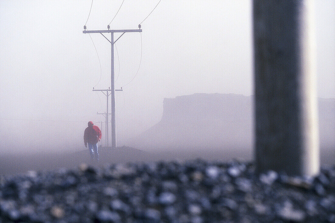 Hiker and power poles in a sandstorm, Iceland, Europe