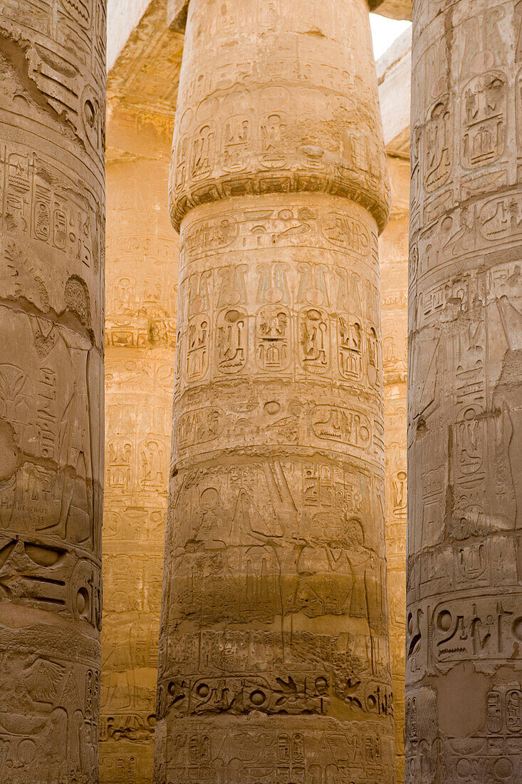 Relief-Schnitzereien an Säulen, Karnak Tempel. Luxor, Ägypten