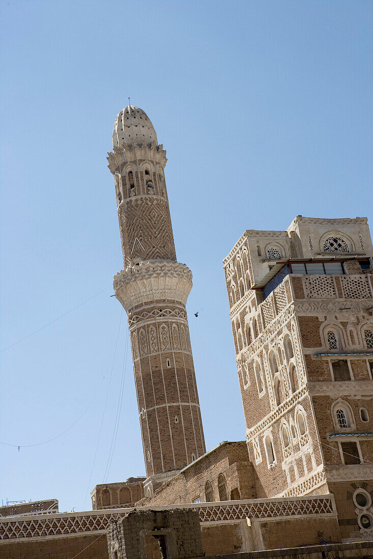Traditional House & Minaret in Old Town Sana'a,Sana'a, Yemen