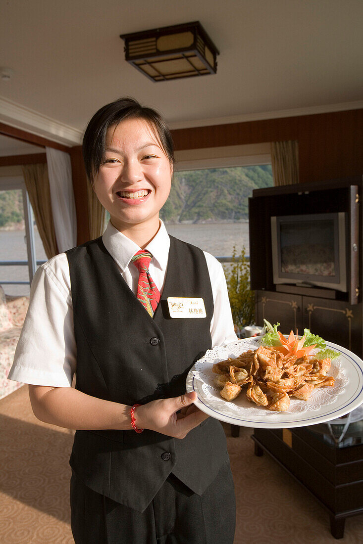 Victoria Cruises Waitress with Happy Hour Appetizers,Aboard the MV Victoria Queen, Yangtze River, China