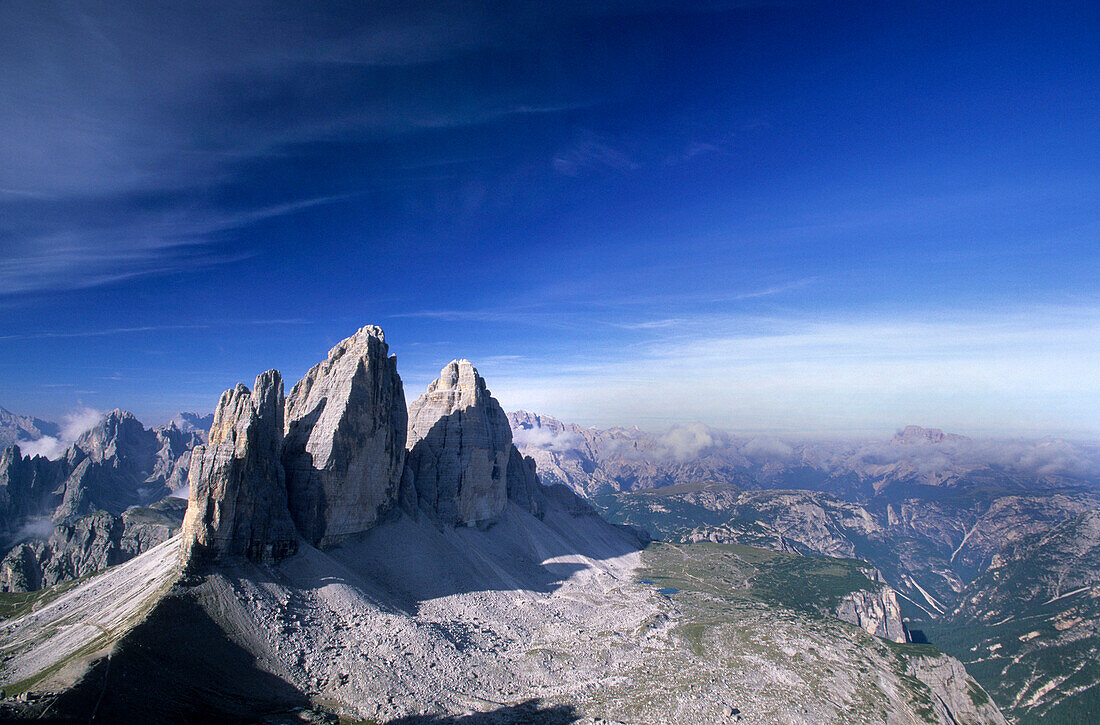 View of Drei Zinnen from Paternkofel, Dolomites, South Tyrol, Italy