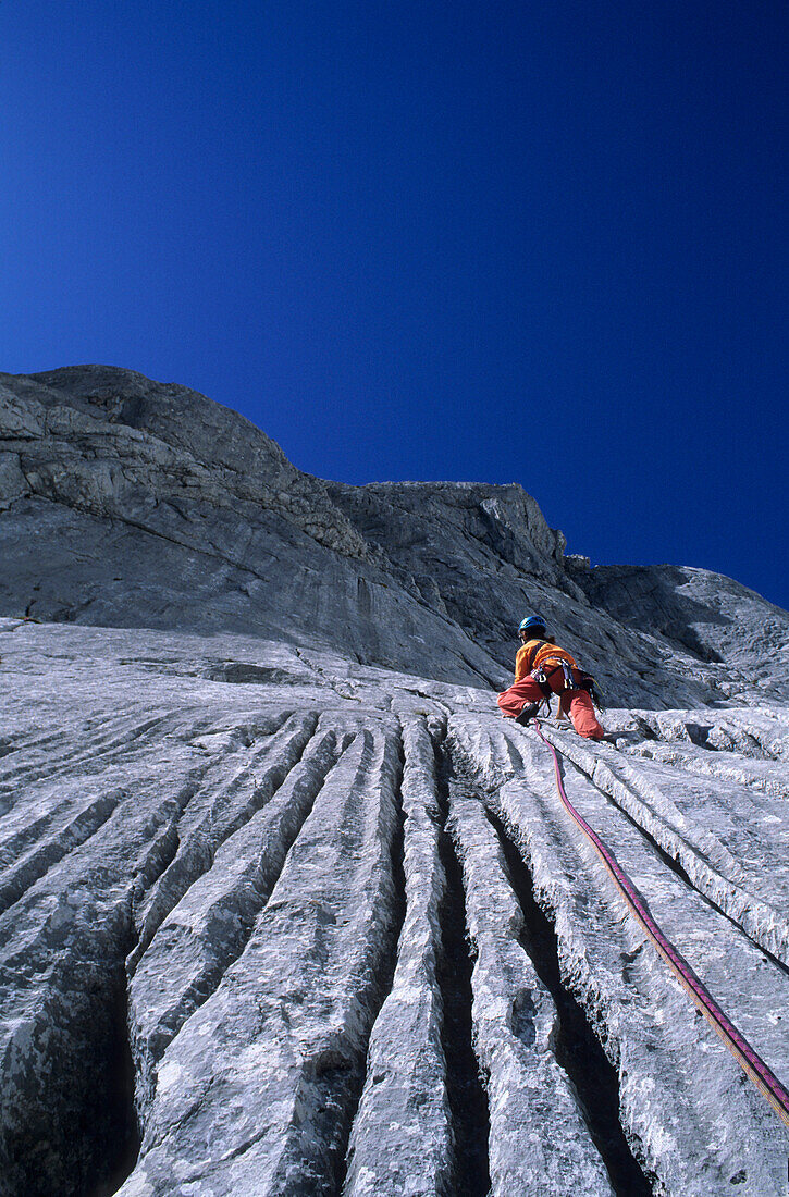Climber on water-structured rock face, Glatscherofenkofel, Dachstein Range, Salzburg, Austria