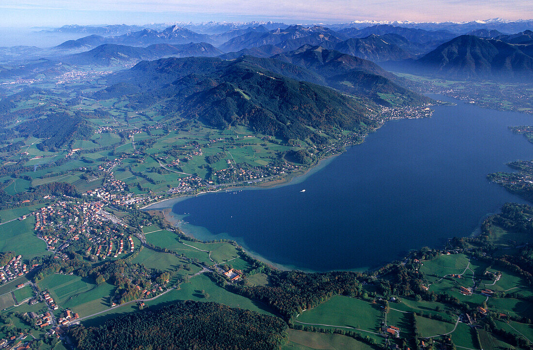 Aerial picture from a hot air balloon to Gmund and lake Tegernsee, Bavarian alps, Upper Bavaria, Bavaria, Germany