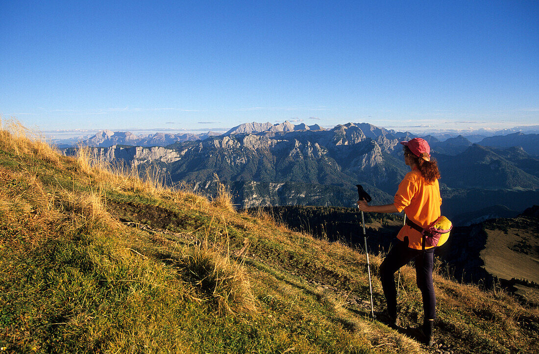 Hiker at Sonntagshorn with view to Berchtesgaden range, Chiemgau alps, Salzburg, Austria