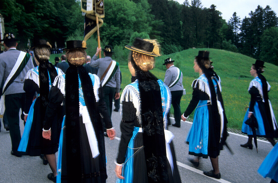 women wearing dirndl dresses, pilgrimage to Maria Eck, Siegsdorf, Chiemgau, Upper Bavaria, Bavaria, Germany