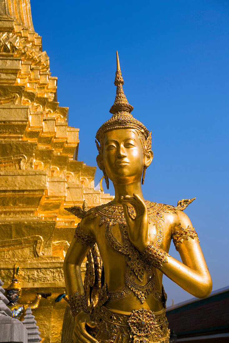 Kinnorn sculpture near a Chedi, Wat Phra Kaew, the most important Buddhist temple of Thailand, Ko Ratanakosin, Bangkok, Thailand