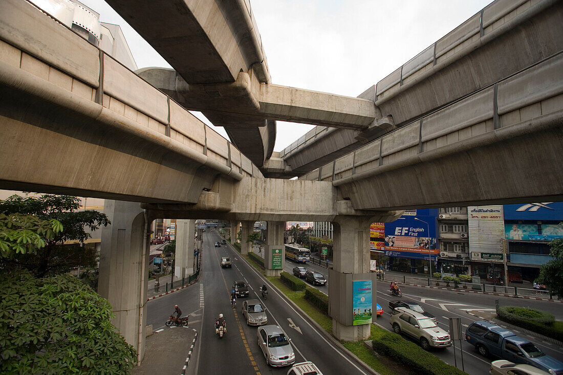 View over Siam Square Road and Skytrain, Pathum Wan district, Bangkok, Thailand