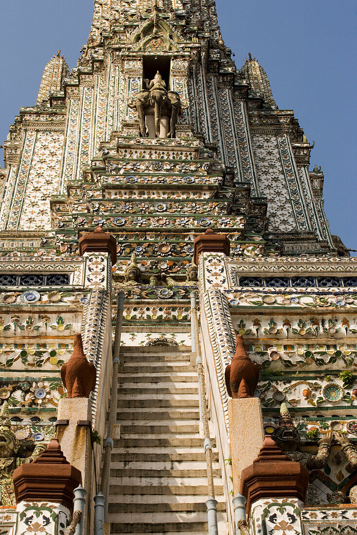 Part of Wat Arun, Temple of Dawn with Indra on elefant Erawan, Bangkok, Thailand
