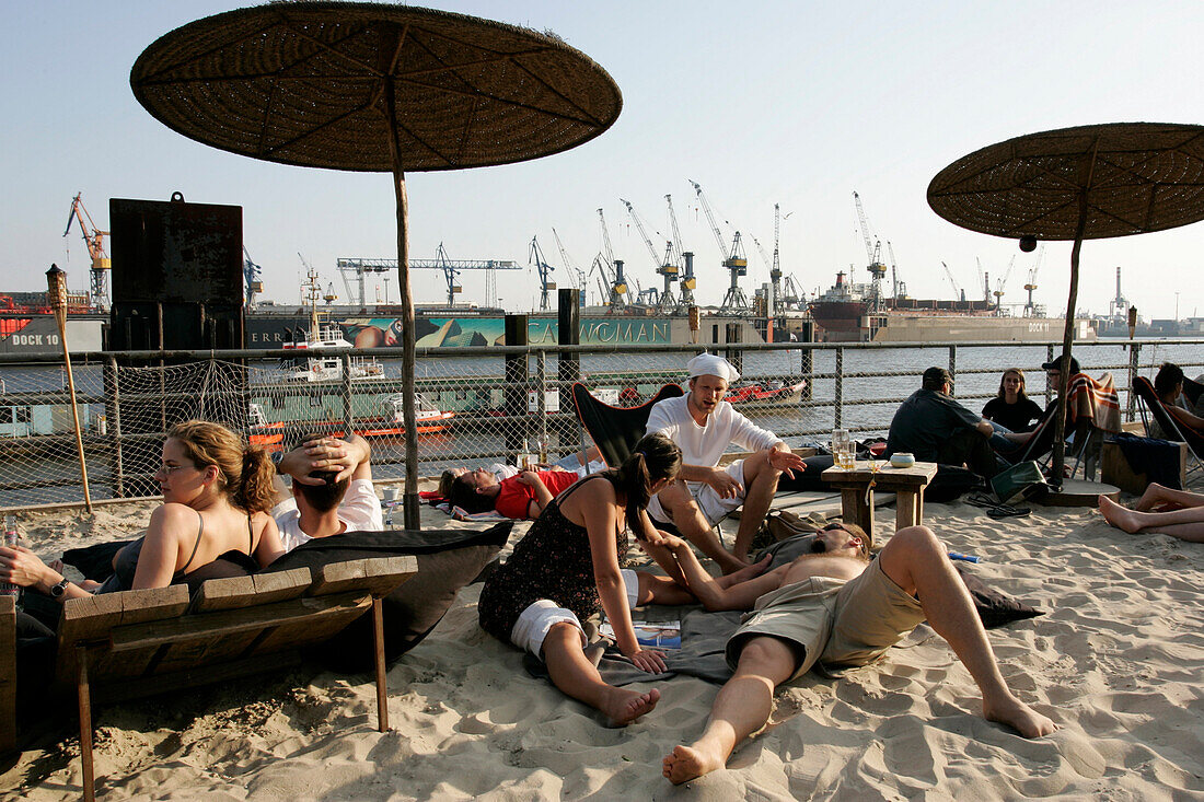 Beach Club at River Elbe, Harbour, St.Pauli, Hamburg, Germany