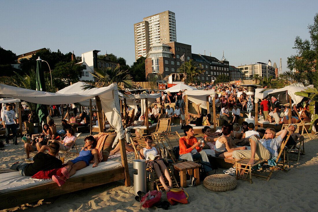 People in Beach Club at River Elbe, Harbour, St.Pauli, Hamburg, Germany