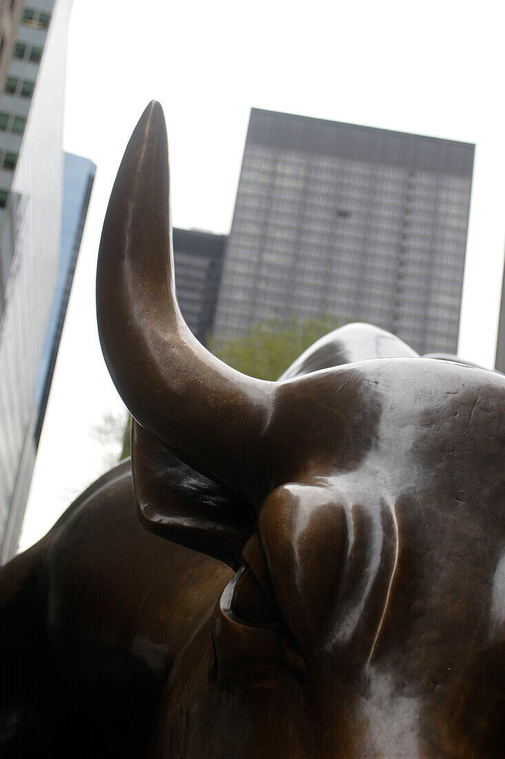 Charging bull, Bronze-Skulptur der New Yorker Börse, Bowling Green, Manhattan, New York City, U.S.A., Vereinigte Staaten von Amerika