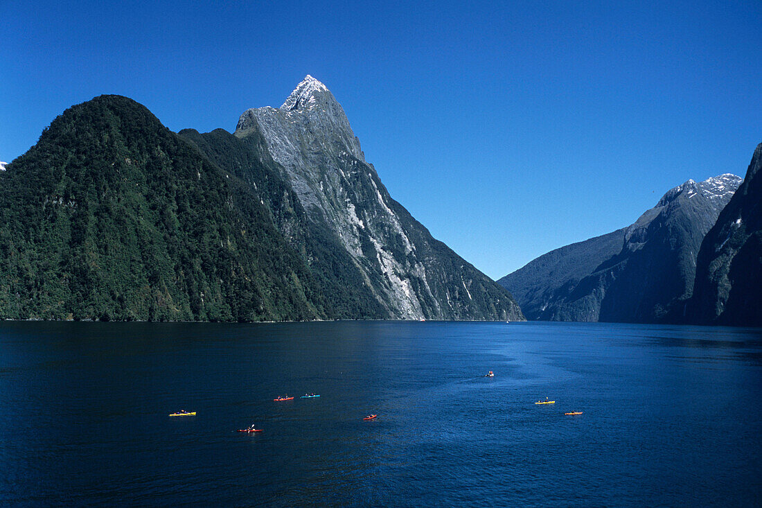 Aerial Photo of Sea Kayaks on Milford Sound, Fiordland National Park, South Island, New Zealand
