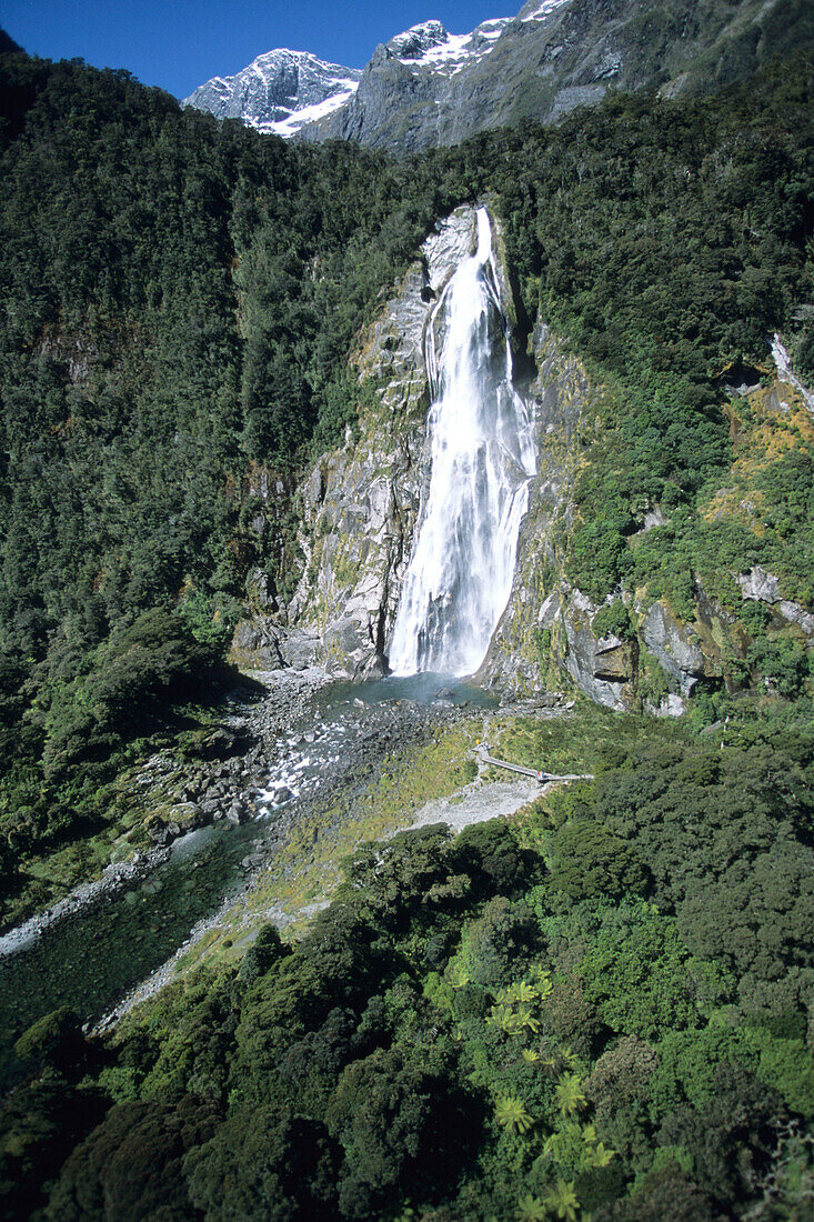 Aerial Photo of Bowen Falls, Milford Sound, Fiordland National Park, South Island, New Zealand