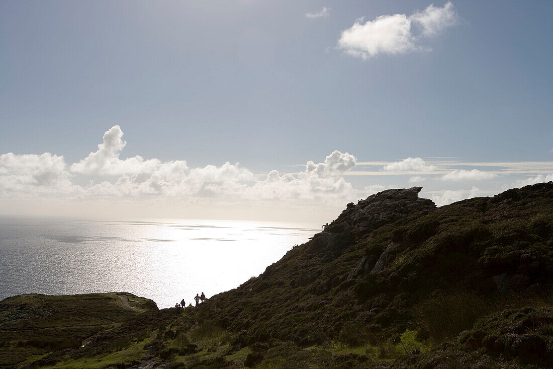 Hikers on One Man's Path, Slieve League Cliffs, Near Teelin, County Donegal, Ireland
