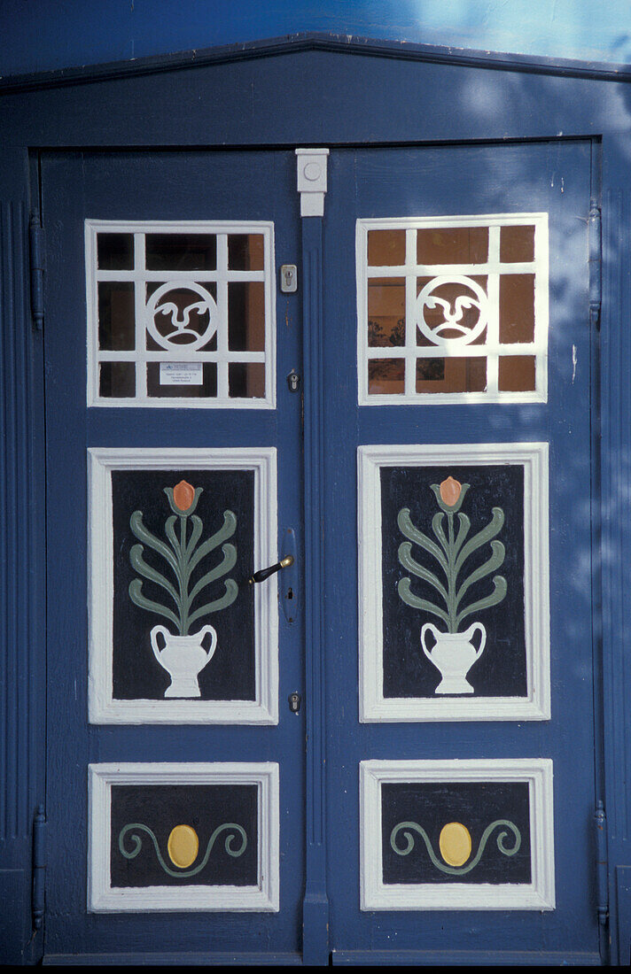 Typical painted door of Kunstkaten museum, Ahrenshoop, Fischland, Mecklenburg-pomerania, Germany, Europe