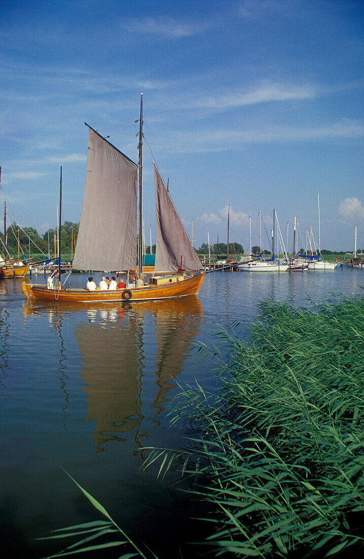 A sailing boat in Wustrow harbour, Fischland, Mecklenburg-Pomerania, Germany, Europe