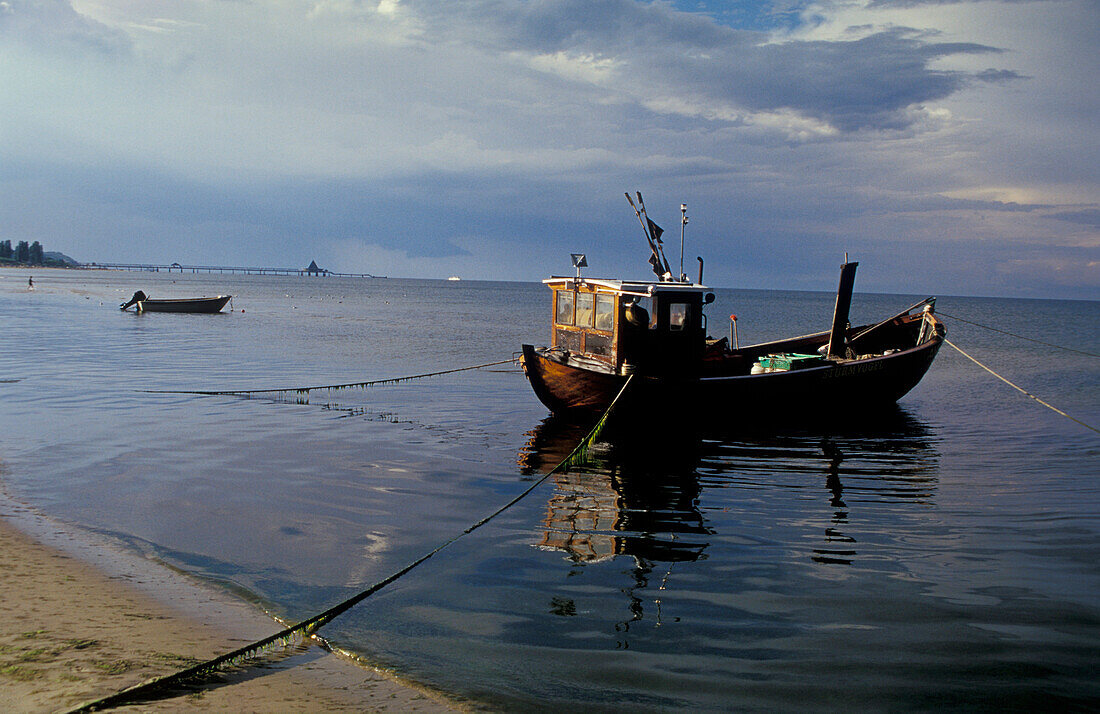 Fishing boat near the beach at Ahlbeck, Usedom, Baltic sea, Mecklenburg-Pomerania, Germany, Europe