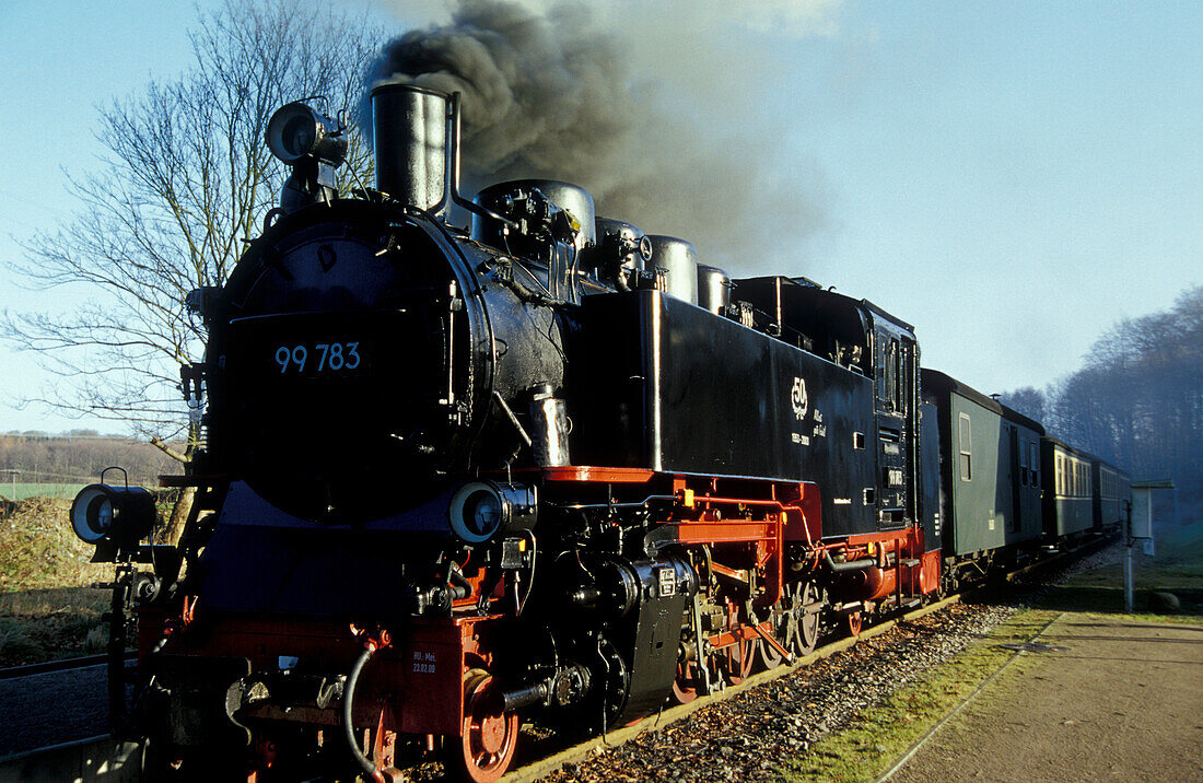Historical steamtrain, the Rasender Roland, Rugen island, Mecklenburg-Pomerania, Germany, Europe