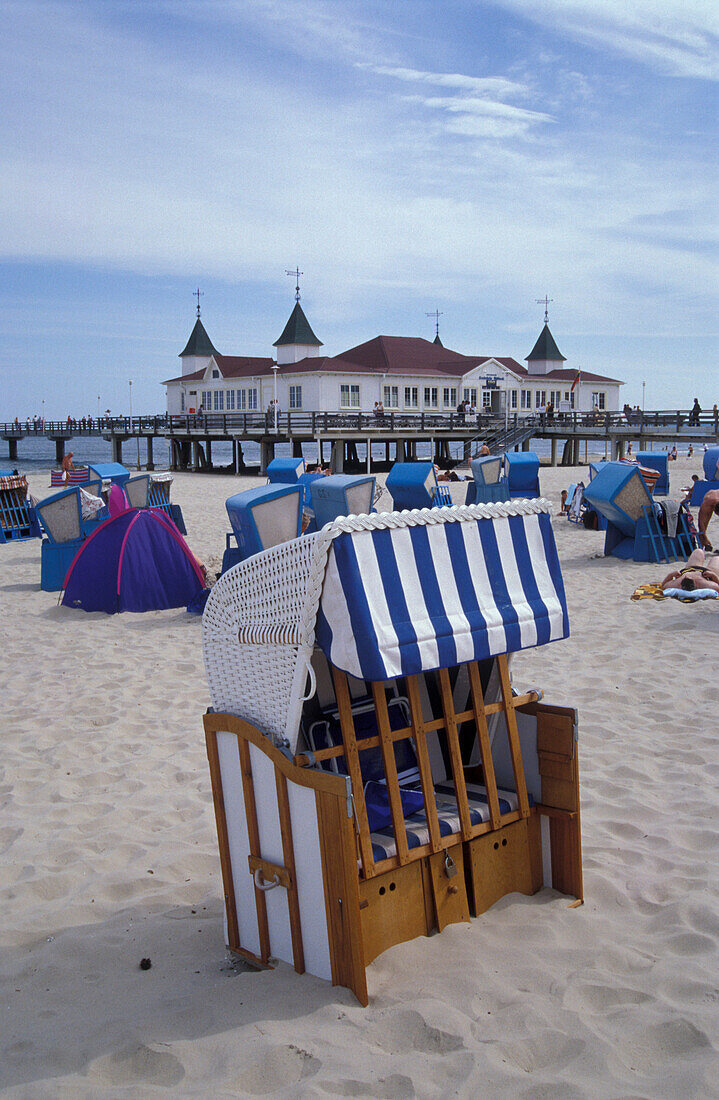 Ahlbeck pier and beach chairs at the Baltic sea, Usedom, Mecklenburg-Pomerania, Germany, Europe