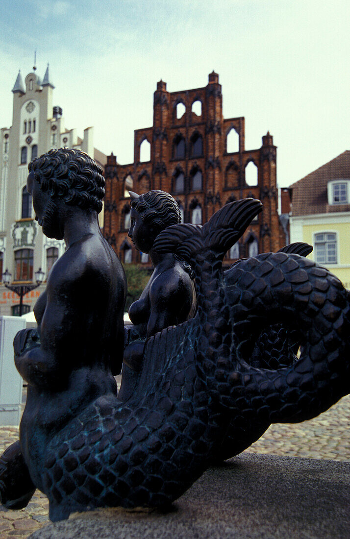 Wismar market square and fountain,  Mecklenburg-Pomerania, Germany, Europe
