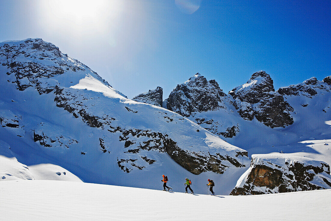 Eine Gruppe Skitouristen steigt auf mit Skiern und Fellen zum Gipfel des Popova Kapa, Rila Gebirge, Bulgarien