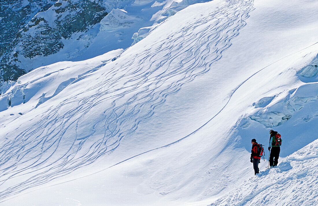 Two freeriders and tracks in the powder snow on a glacier. Dome de la Lauze, La Grave, Oisans, Parc National des Ecrins, Frankreich, Alpen