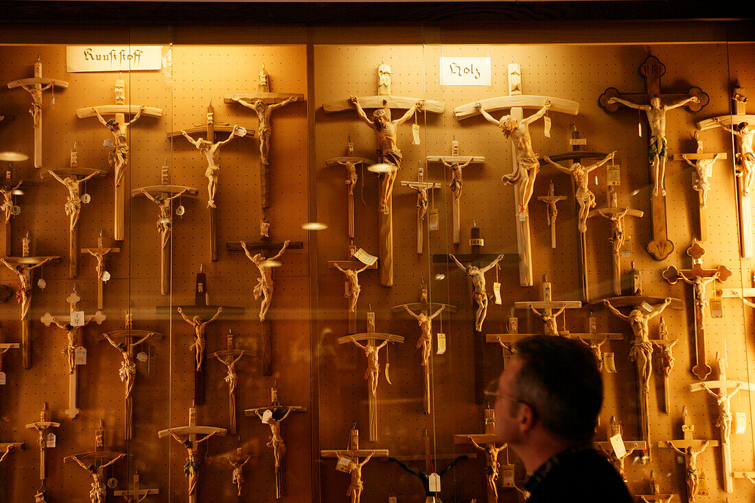 Sale of wooden and plastic crosses, Monastery shop, Andechs Monastery, near Herrsching, Ammersee, Bavaria, Germany