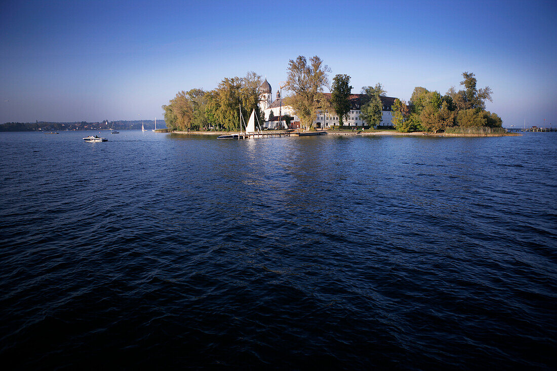 View of the island Frauenchiemsee, Fraueninsel on Lake Chiemsee, Bavaria, Germany