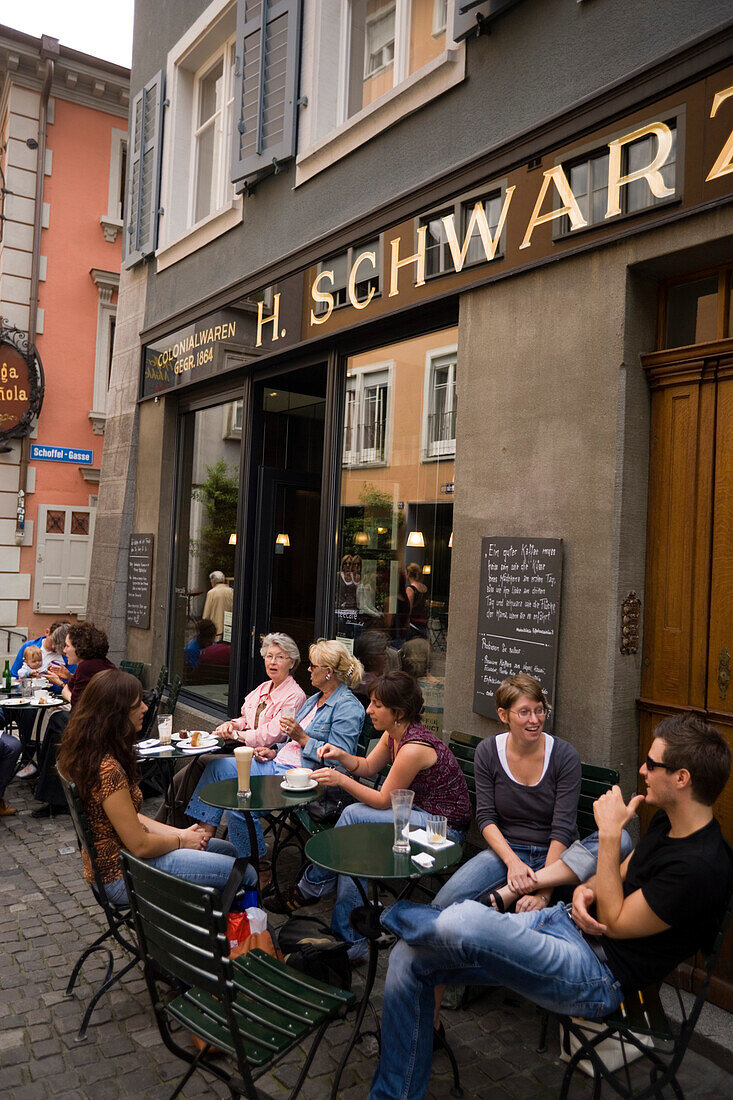 People sitting in a small pavement cafe, Rennweg, Zurich, Canton Zurich, Switzerland