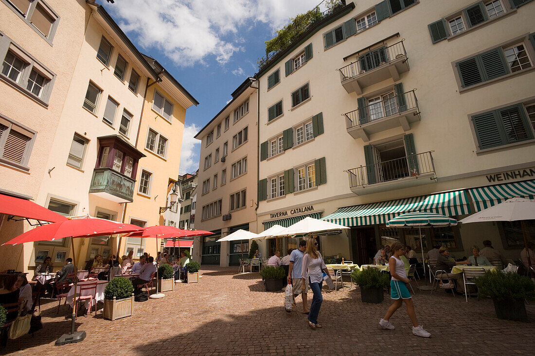View inside Glockengasse with pavement cafes, Zurich, Canton Zurich, Switzerland