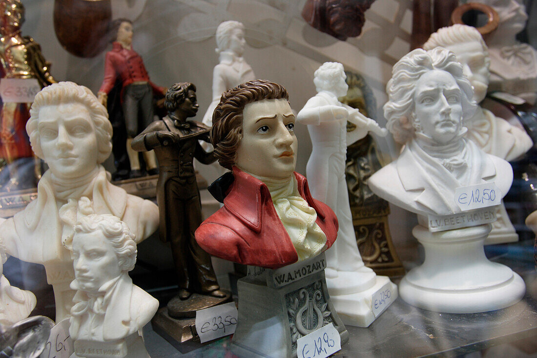 Busts depiscting Wolfgang Amadeus Mozart, Getreidegasse, Salzburg, Austria