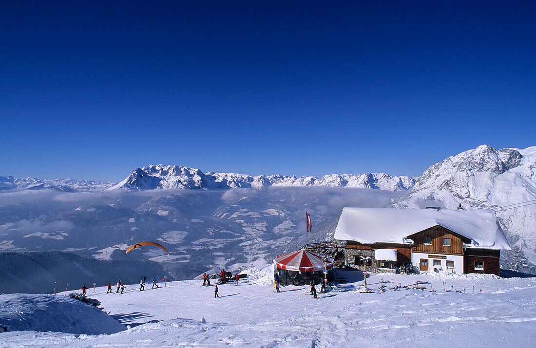 Ski hut Sportalm Strussing, skiing area Werfenweng, view to Hochkönig range, Salzburg, Austria