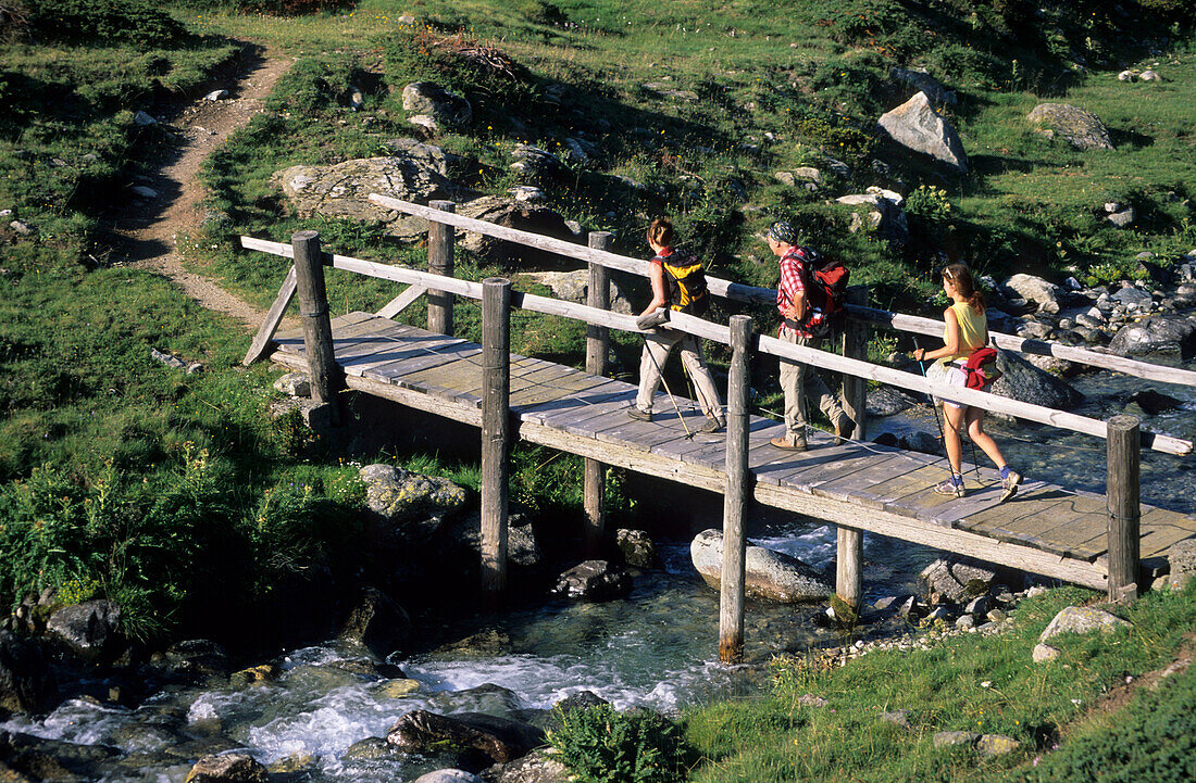 Three hikers on a bridge crossing a stream, Bernina, Oberengadin, Grisons, Switzerland