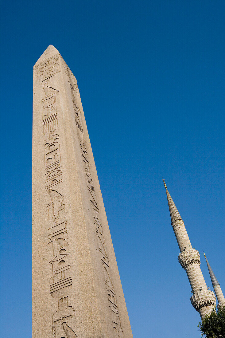 Obelisk of Theodosius and Sultan Ahmet Blue Mosque Minarets, Hippodrome, Sultan Ahmet, Istanbul, Turkey