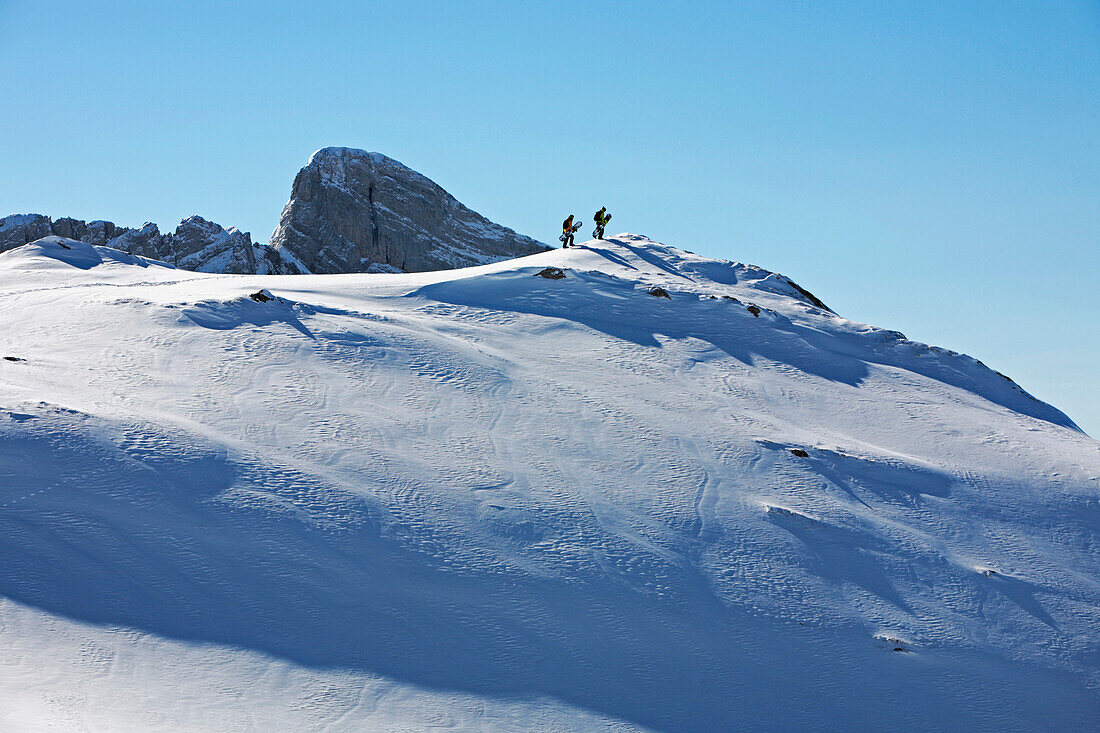 Zwei Männer tragen ihre Snowboards auf den Gipfel eines kleinen Berges, Appenzell, St. Gallen, Toggenburg, Ostschweiz, Schweiz, Alpen, Europa