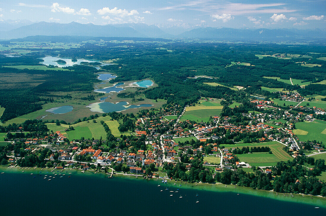 Aerial view of lakes, Seeshaupt, Osterseen, Lake Starnberg, Bavaria, Germany, Europe
