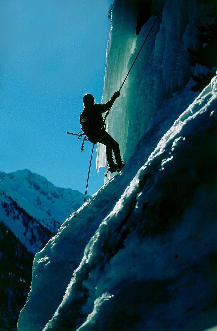 Man ice climbing, Solfkallen, Store Skandal, Norway, Europe