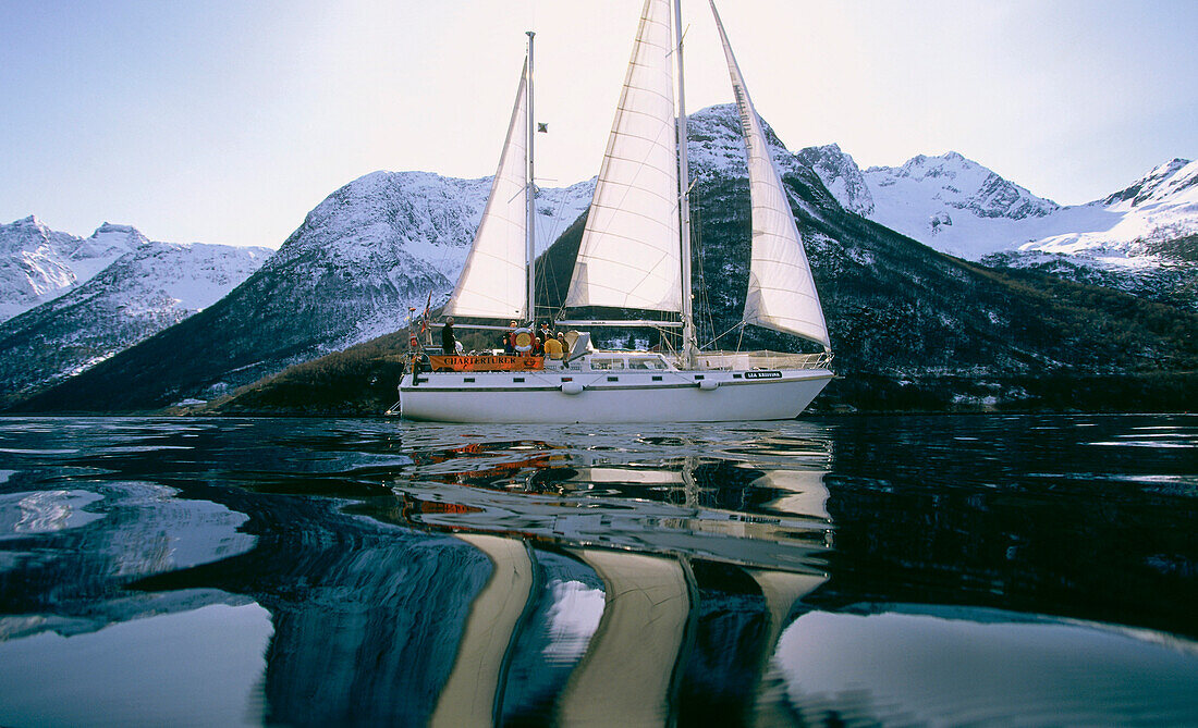 Reflection of a sailing boat, Solfkallen, Store Skandal, Norway, Europe