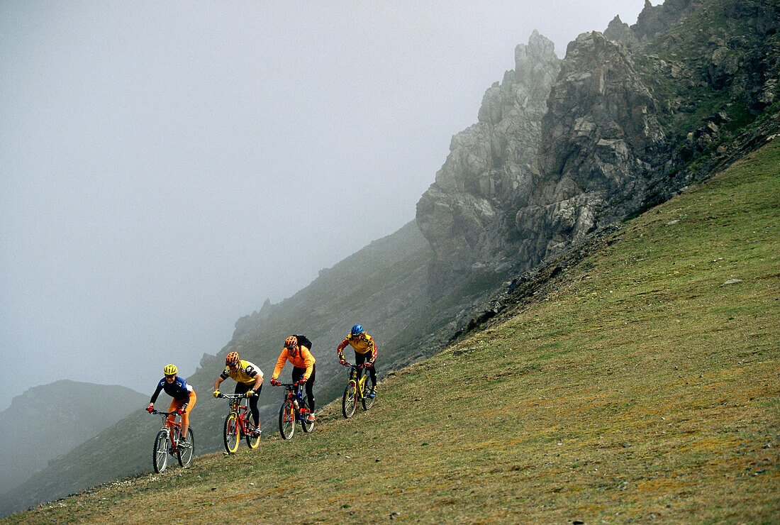 Vier Leute Mountainbiking, Arosa, Graubünden, Schweiz, Europa