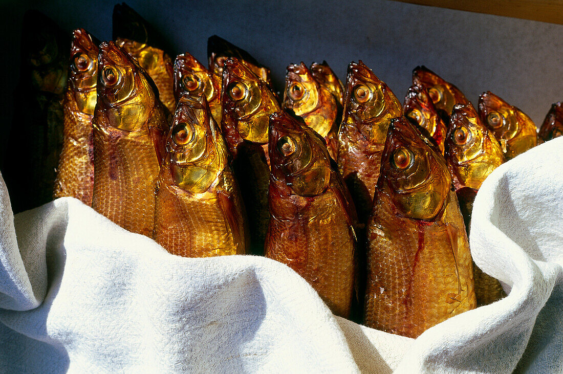 Freshly smoked fish, Lake Chiemsee, Bavaria, Germany, Europe