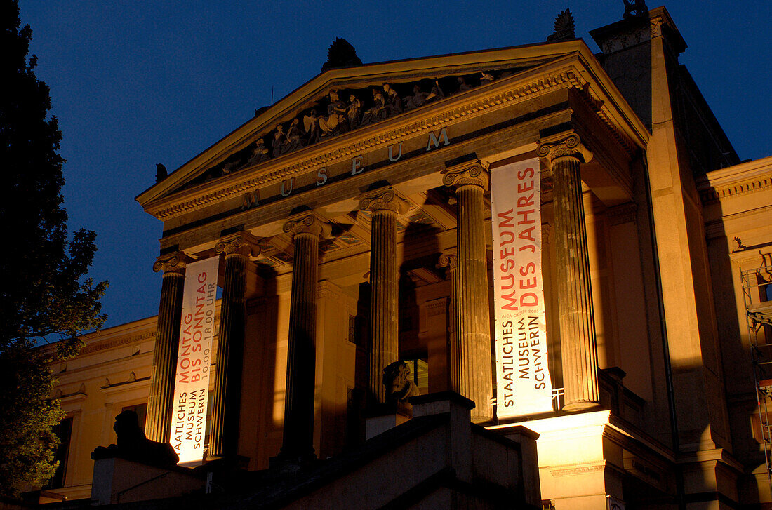 Illuminated National museum at night, Mecklenburg-Western Pomerania, Germany, Europe