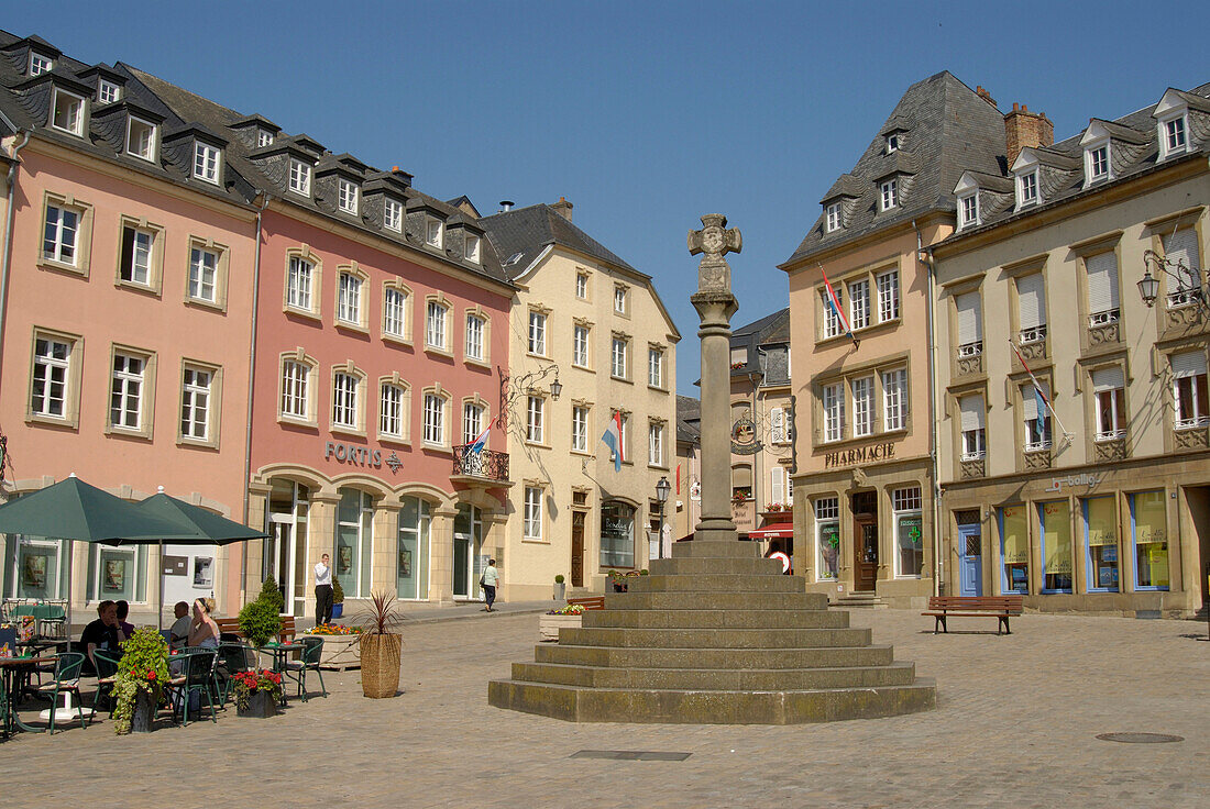 People on the marketplace under blue sky, Place du Marche, Echternach, Luxemburg, Europe