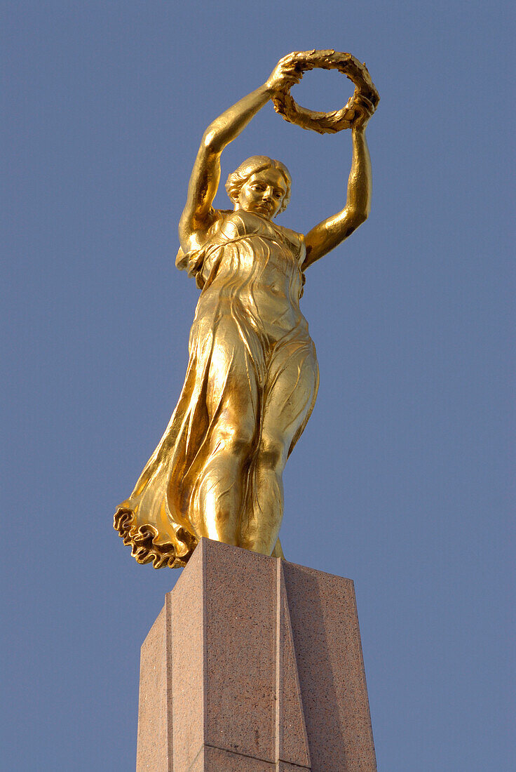 View at a golden statue, Memorial Gelle Fra, Luxembourg city, Luxembourg, Europe