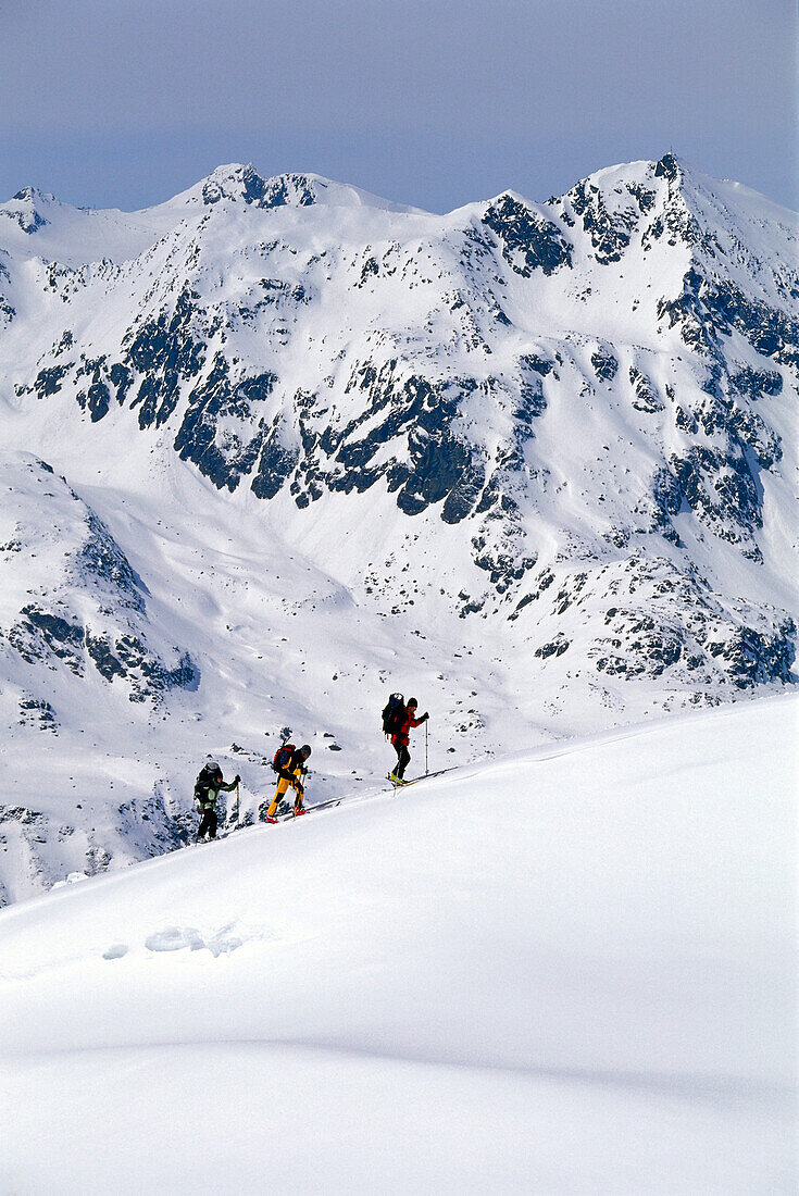 Drei Personen beim Aufstieg zum Gipfel, Skitour, Stubai, Tirol, Österreich