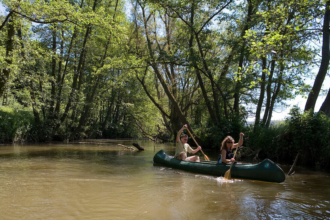 Canoeing on River Haune, Haunetal-Rhina, Rhoen, Hesse, Germany