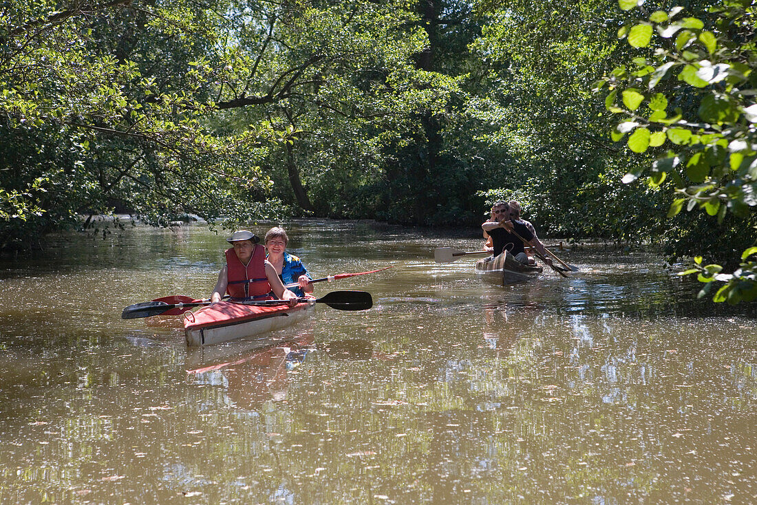 Canoe Paddlers on River Haune, Haunetal-Neukirchen, Rhoen, Hesse, Germany