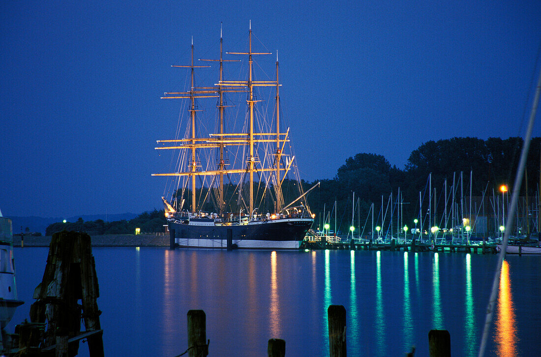 Four masted sailing ship Passat at dusk, Travemunde, Schleswig-Holstein, Germany