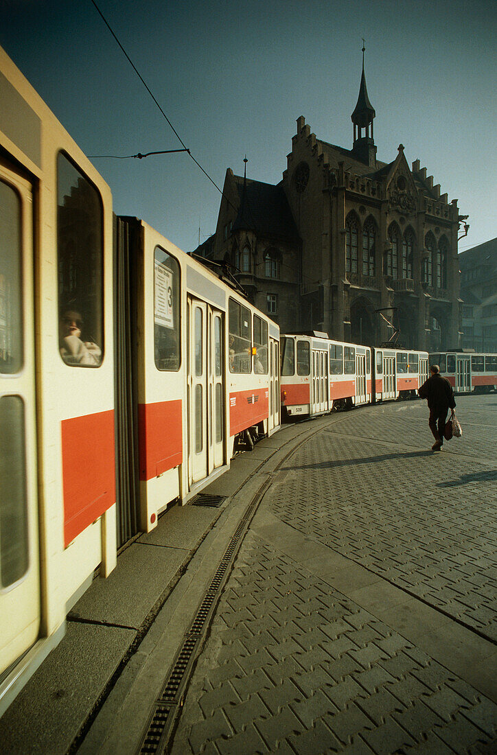 Streetcar passing city hall, Erfurt, Thuringia, Germany