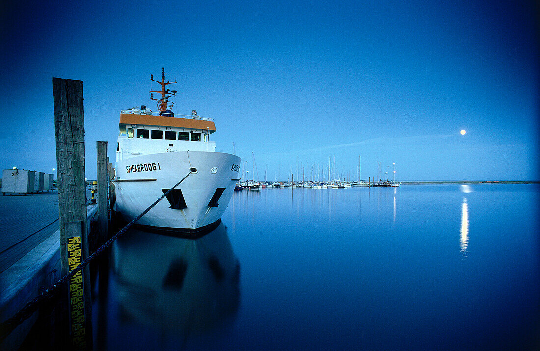 Ship in harbor, island Spiekerook, East Friesland, Lower Saxony, Germany