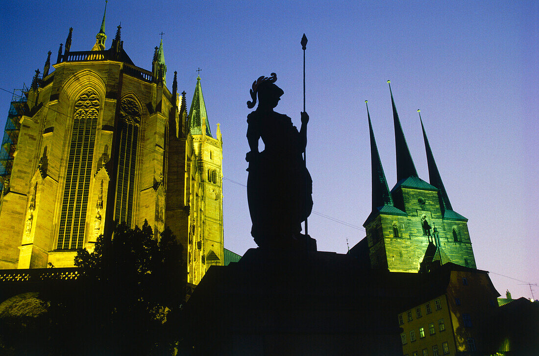 Erfurt cathedrala and St. Severi church at night, Erfurt, Thuringia, Germany